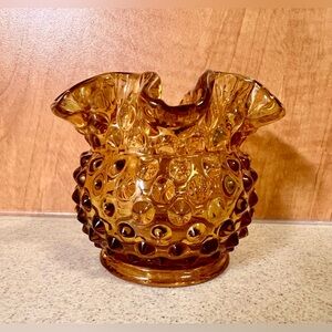 Vintage Fenton Vase Amber Gold Hobnail Ruffled Rose Honey Footed Bowl 4.25"x5"